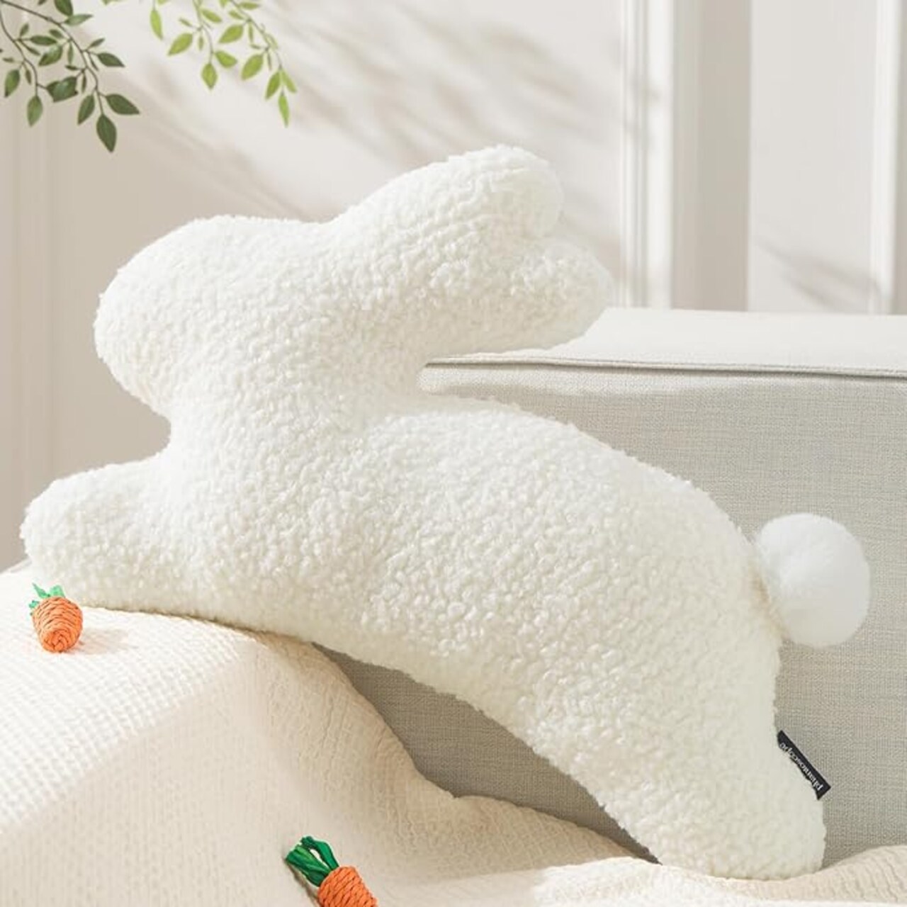 Happy Easter Bunny Shaped Throw Pillow, Plush Boucle Jumping Rabbit Cushion Sherpa Easter Decorative Pillow for Couch Living Room Bed, Off White, 14.5 x 21.5 inches